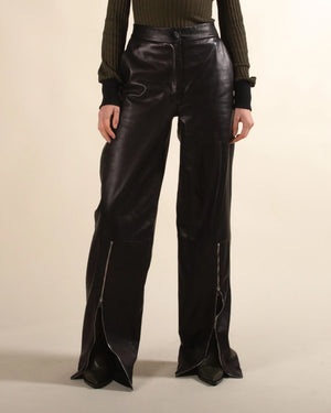 Wide Leg Leather Zipper Trousers